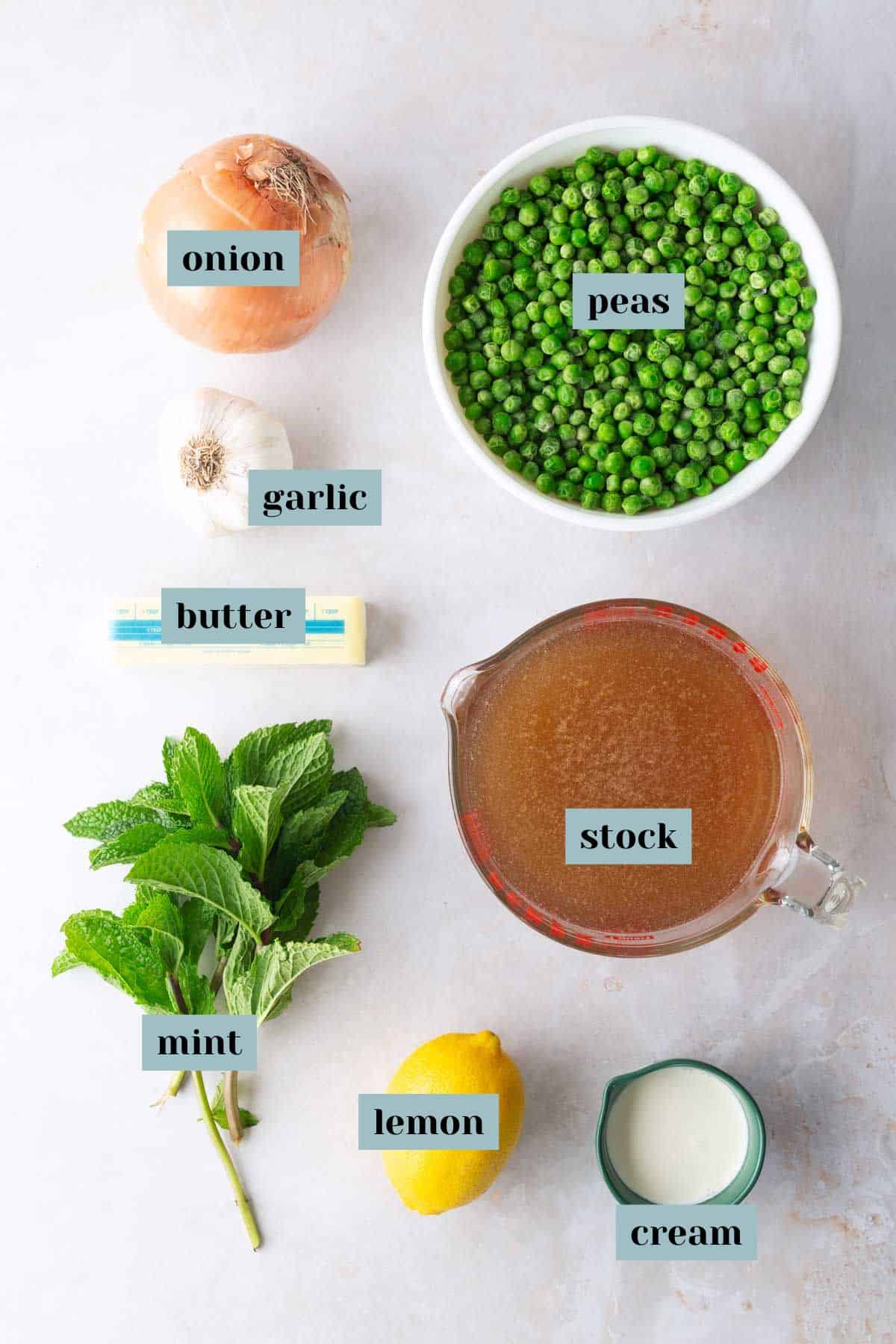 Ingredients for a recipe arranged on a white surface: onion, garlic, butter, mint, lemon, stock, cream, and a bowl of peas, each labeled with text.