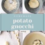 Four-step process for homemade potato gnocchi: mixing dough, formed dough ball, dough cut into pieces, and gnocchi boiling in a pot. Text reads "homemade potato gnocchi.