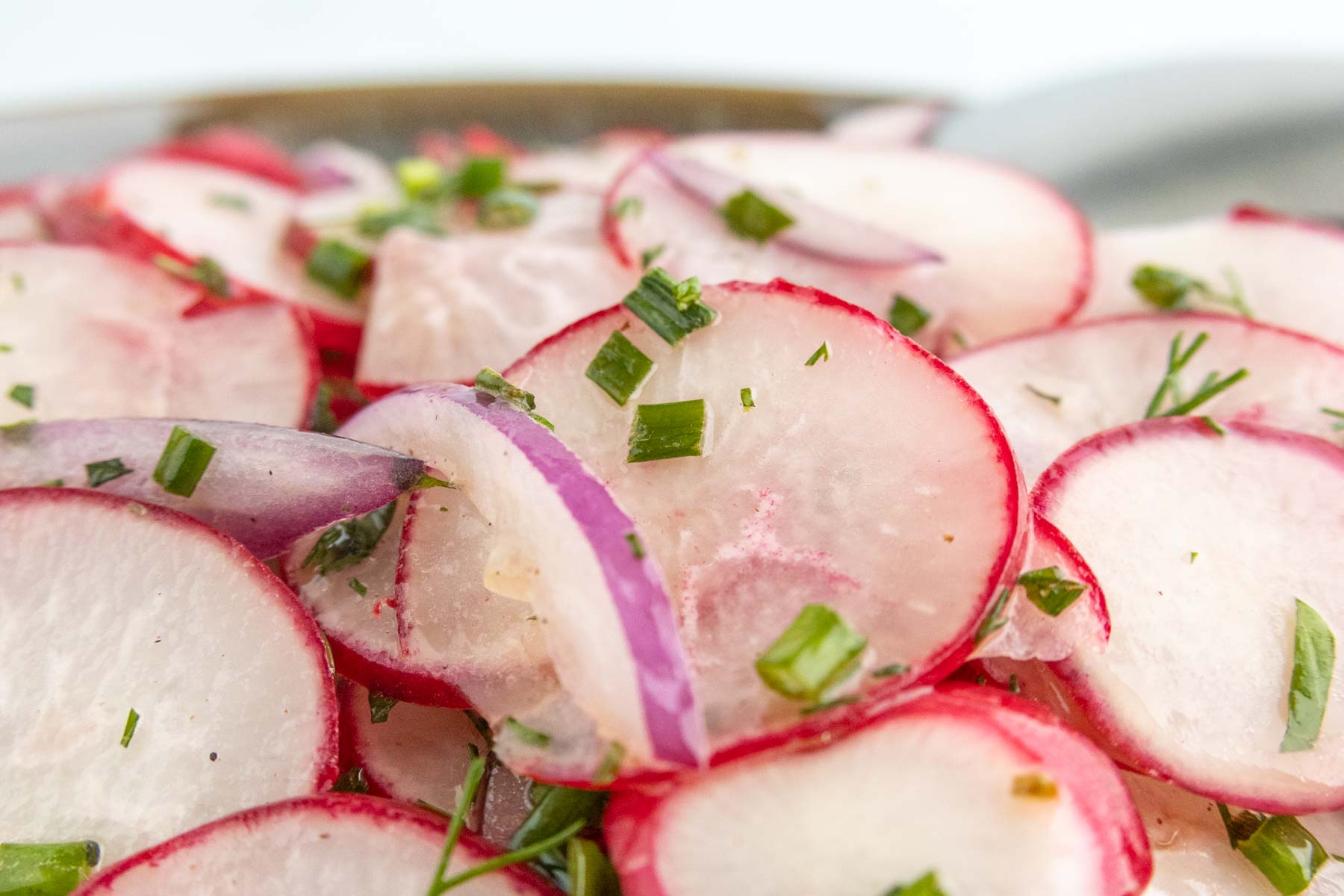 Close-up of sliced radishes and red onions garnished with chopped green herbs.