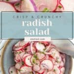 A bowl of sliced radish salad with red onions and chopped herbs, topped with light dressing. Text overlay reads "Crisp & Crunchy Radish Salad.