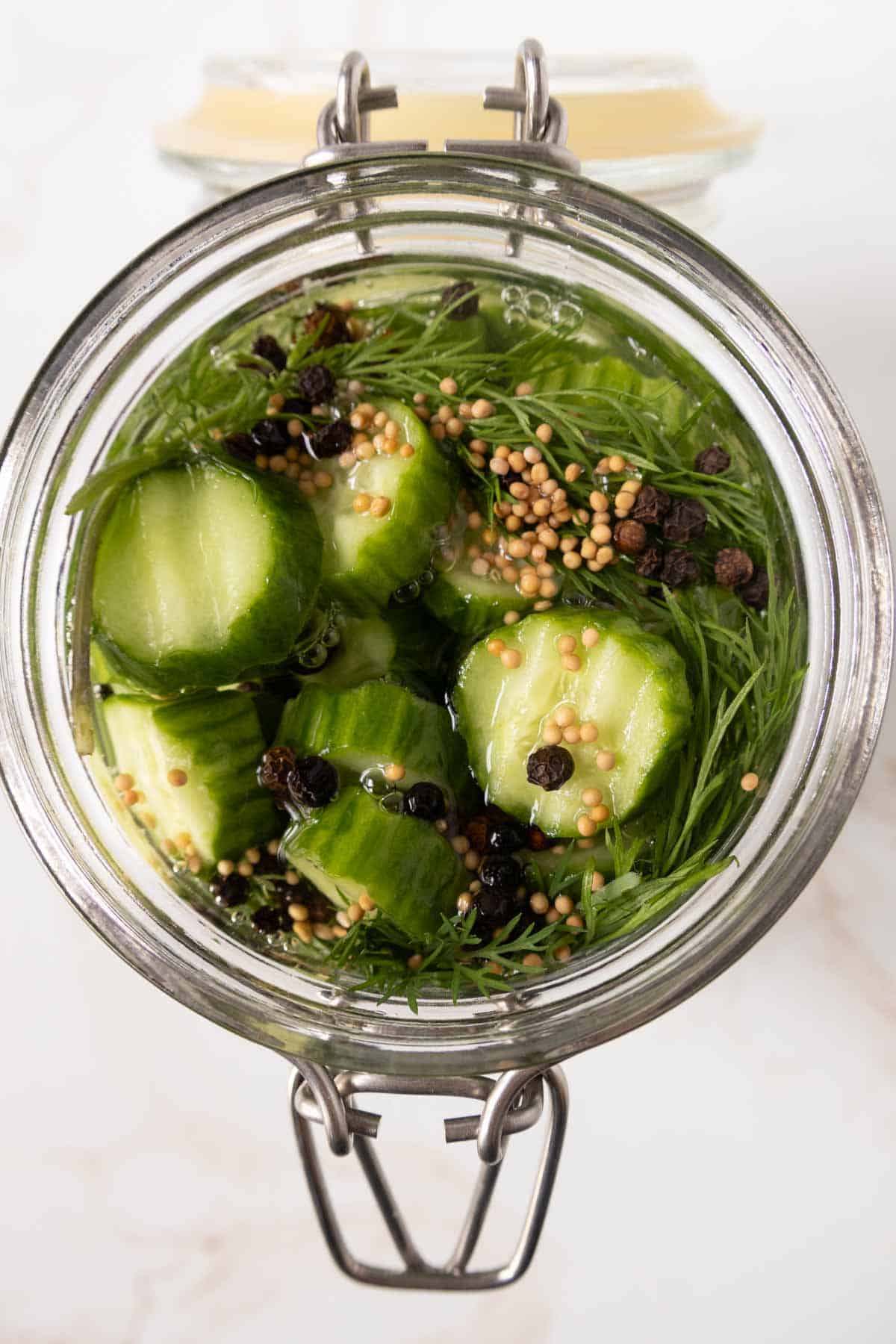 A glass jar filled with sliced cucumbers, dill, mustard seeds, and peppercorns in brine, prepared for pickling.