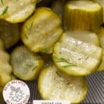 Sliced dill pickles are arranged in a pile on a striped surface. Text reads "fridge dill pickles" with a stetted.com label and a "Real Recipes Real Kitchens" logo.