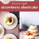 Four plates of biscuit-style strawberry shortcake topped with whipped cream and fresh strawberries, displayed on a pale surface.