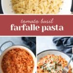 Cooked farfalle pasta in a colander, then mixed with tomato basil sauce in a pot, and served in a bowl topped with grated cheese and basil.