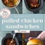 Four-step process for making barbecue pulled chicken sandwiches: searing chicken, adding sauce, shredding chicken, and serving on a bun with coleslaw. Text reads "pulled chicken sandwiches.