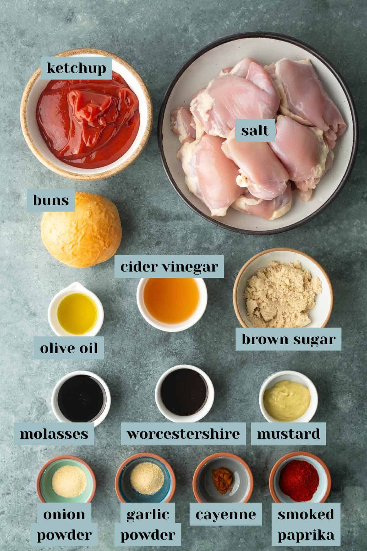 Raw chicken thighs, ketchup, salt, buns, cider vinegar, brown sugar, olive oil, molasses, Worcestershire sauce, mustard, onion powder, garlic powder, cayenne, and smoked paprika come together to create a mouthwatering bbq chicken sandwich with bold flavors and irresistible smokiness.