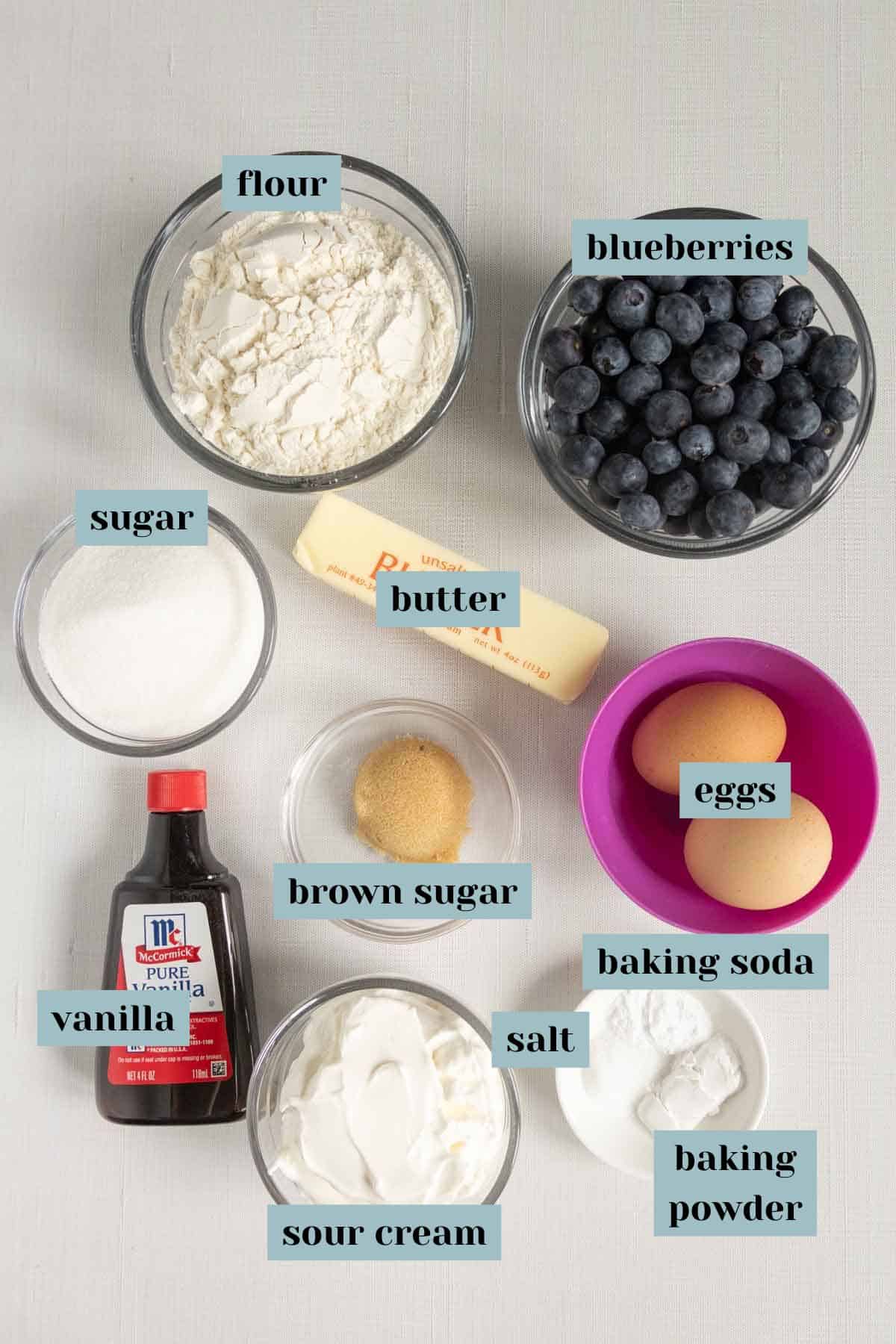 Overhead view of labeled baking ingredients in bowls, including flour, blueberries, sugar, brown sugar, butter, eggs, sour cream, vanilla, salt, baking soda, and baking powder.