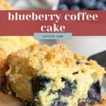 A slice of blueberry coffee cake with crumb topping on a wooden board, fresh blueberries in the background.
