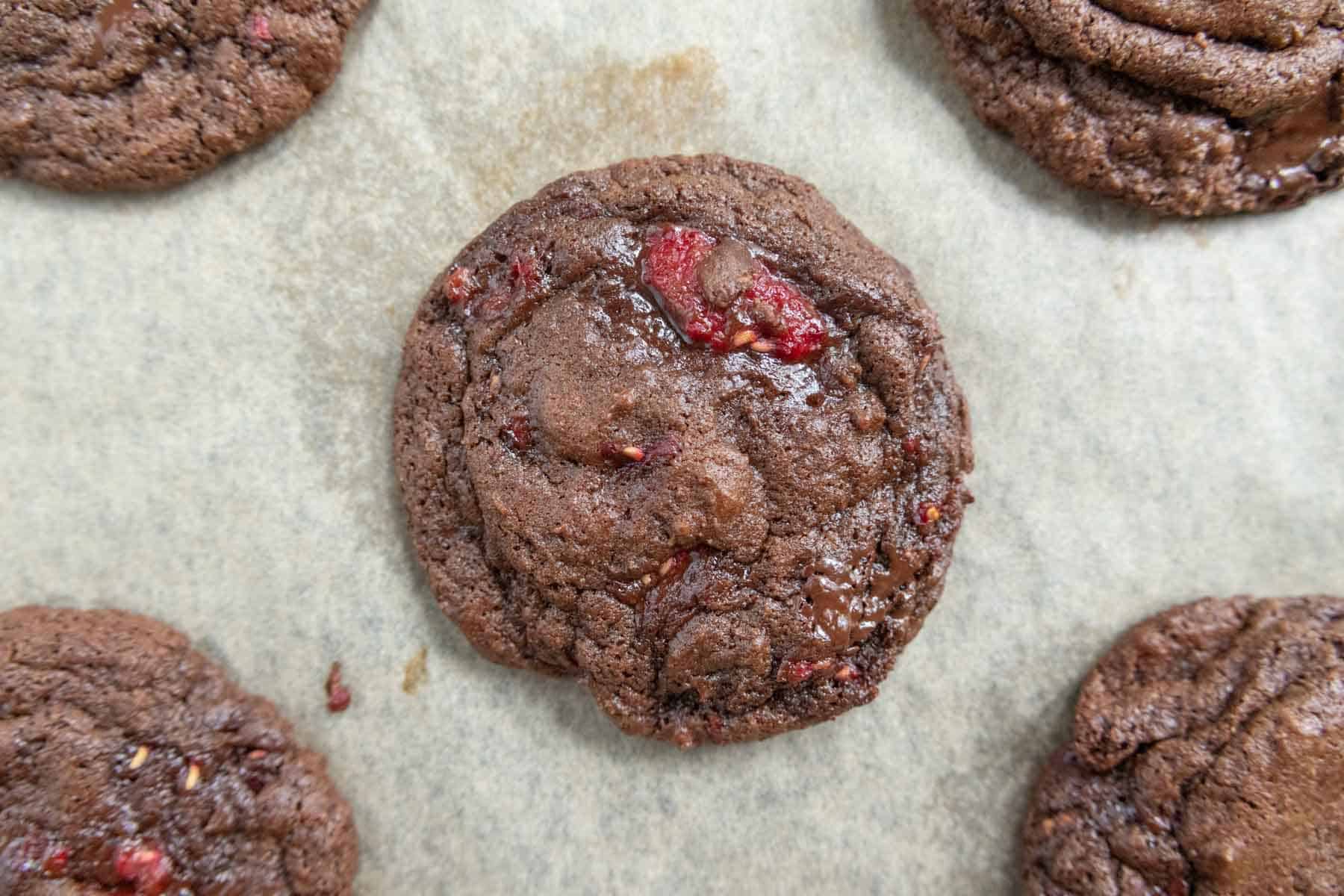 Close up of chocolate raspberry cookies on a sheet of parchment paper.
