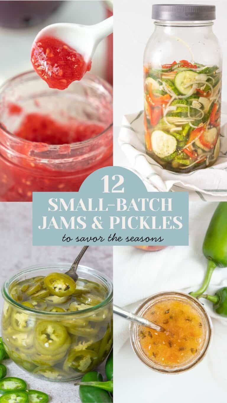 Collage of four images showing strawberry jam, small-batch pickles in a jar, sliced pickled jalapeños, and peach jam, with text reading "12 Small-Batch Jams & Pickles to savor the seasons.
