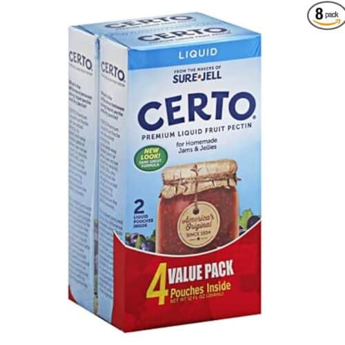 Box of Certo Premium Liquid Fruit Pectin, 4 value pack, for homemade jams and jellies, includes 2 liquid pouches.