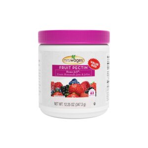 A white plastic jar of Mrs. Wages Fruit Pectin with a purple lid, featuring images of assorted berries on the label and stating “Value Size” and net weight of 12.25 oz (347.3 g).