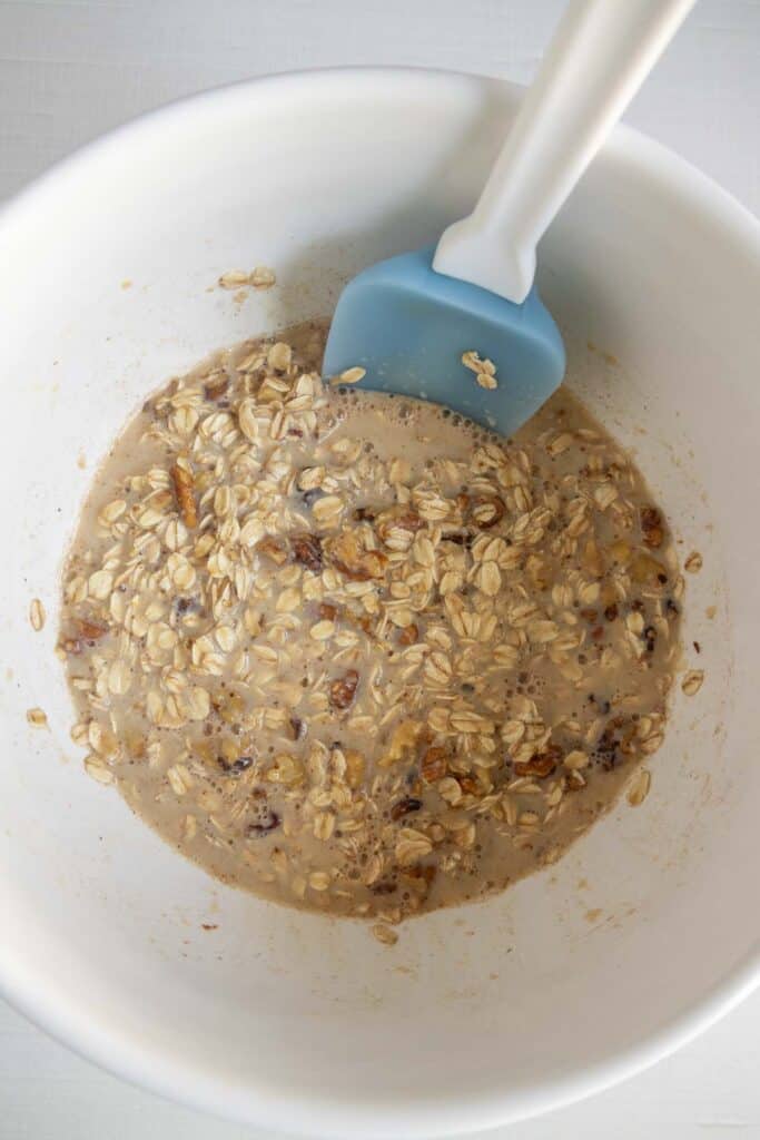 Oats mixed with other ingredients in a white bowl.