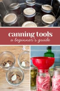 Collage showing the canning process: sealed jars in hot water, empty jars with spices and garlic, and sliced onions being funneled into jars. Text reads “canning supplies: a beginner’s guide.”.