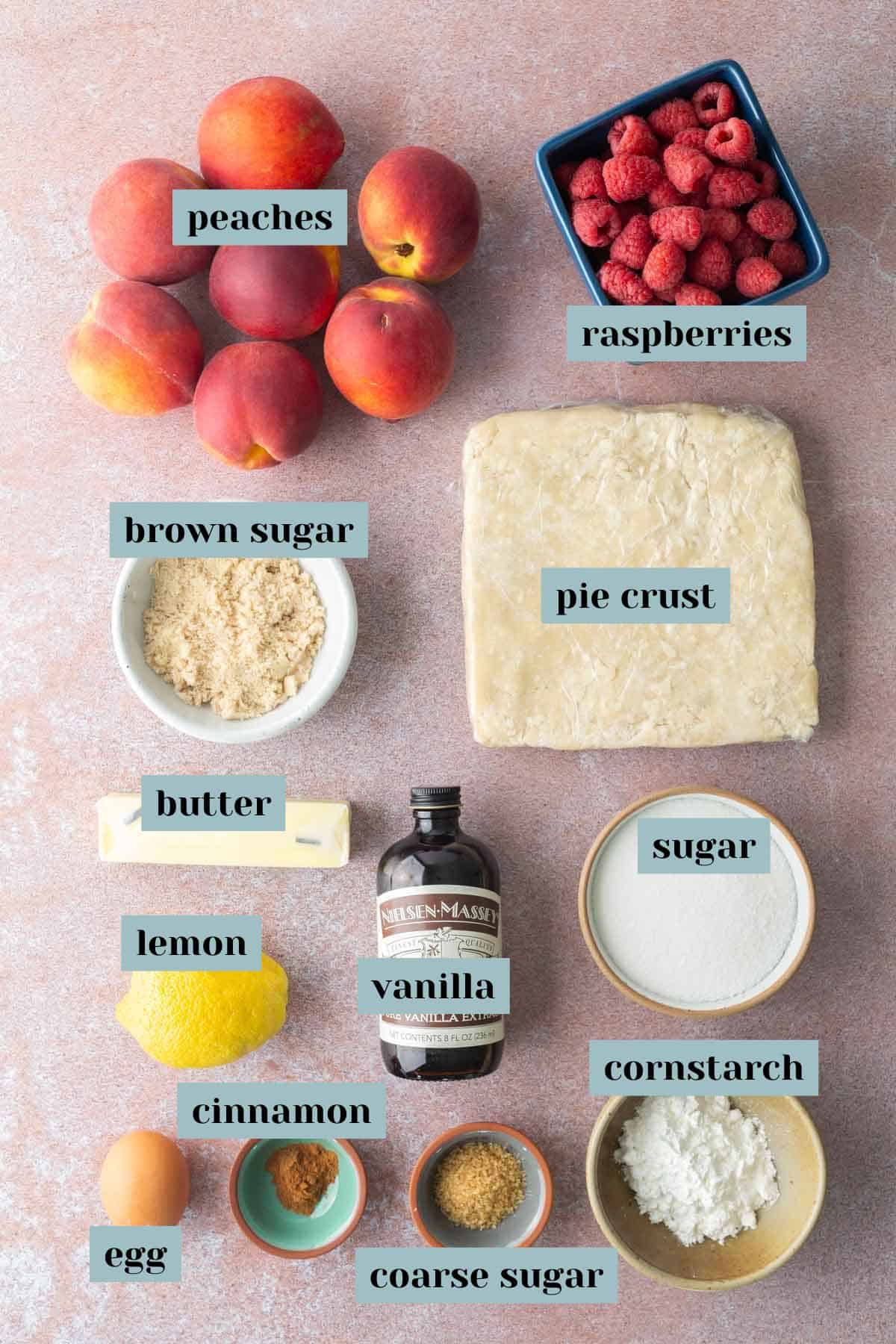 Peach Raspberry Pie - Ingredients Ingredients for a pie laid out with labels.