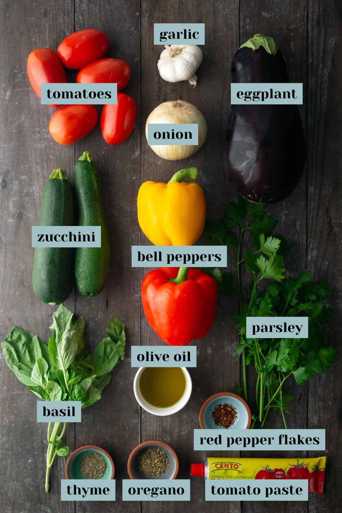 Top-down view of labeled ingredients for a vegetable dish, including tomatoes, eggplant, zucchini, bell peppers, garlic, onion, parsley, basil, olive oil, spices, and tomato paste.