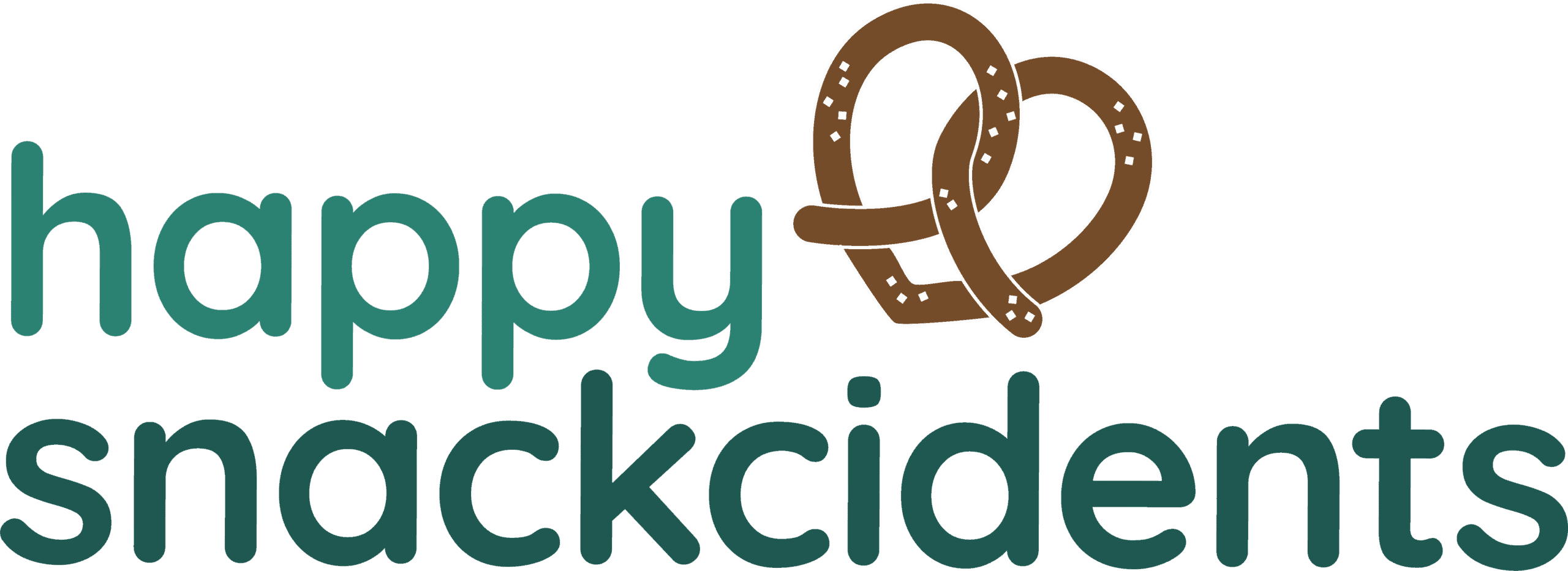 The phrase "happy snackcidents" in green letters, with a brown pretzel illustration replacing the letter "a" in "happy," showcases Megan Myers’ signature playful style.