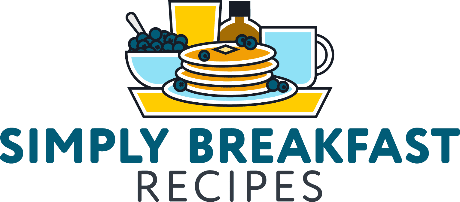 Illustration of pancakes with blueberries, a bowl of berries, syrup bottle, and a mug above the text "Simply Breakfast Recipes," inspired by the inviting style of Megan Myers.