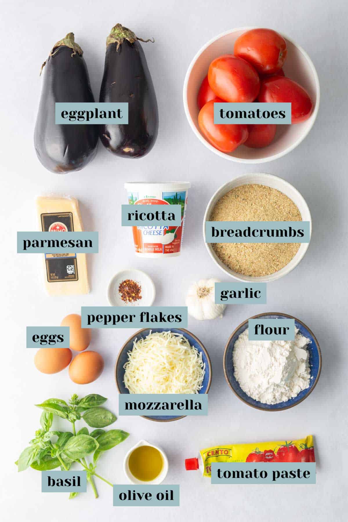Top-down view of ingredients for eggplant parmesan, including eggplant, tomatoes, parmesan, ricotta, breadcrumbs, eggs, mozzarella, garlic, flour, basil, olive oil, tomato paste, and pepper flakes.
