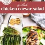 Grilled chicken breasts and romaine lettuce served as a Caesar salad, shown during preparation and as a finished dish on a plate.