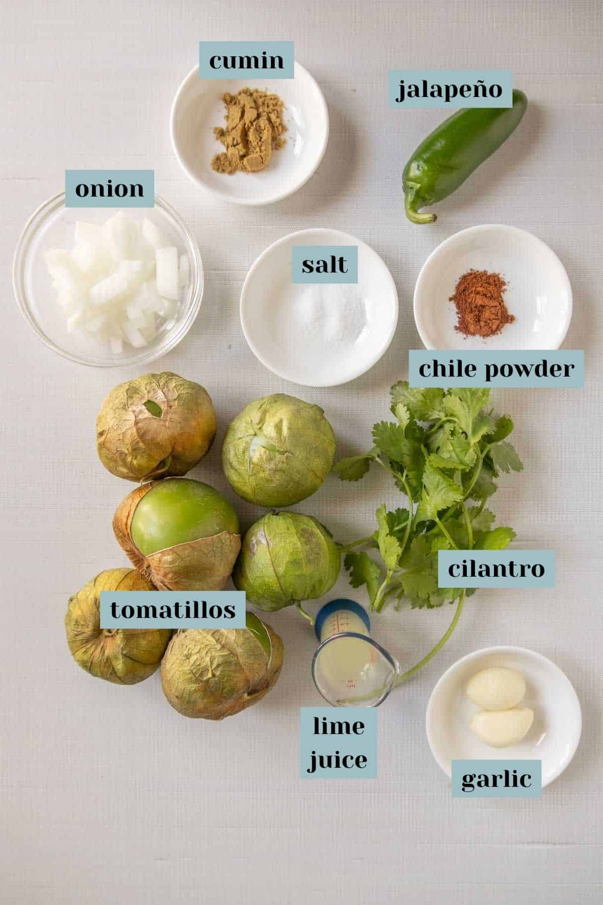 Ingredients for salsa verde laid out on a white surface, including tomatillos, jalapeño, onion, cilantro, lime juice, garlic, cumin, salt, and chile powder, each labeled.