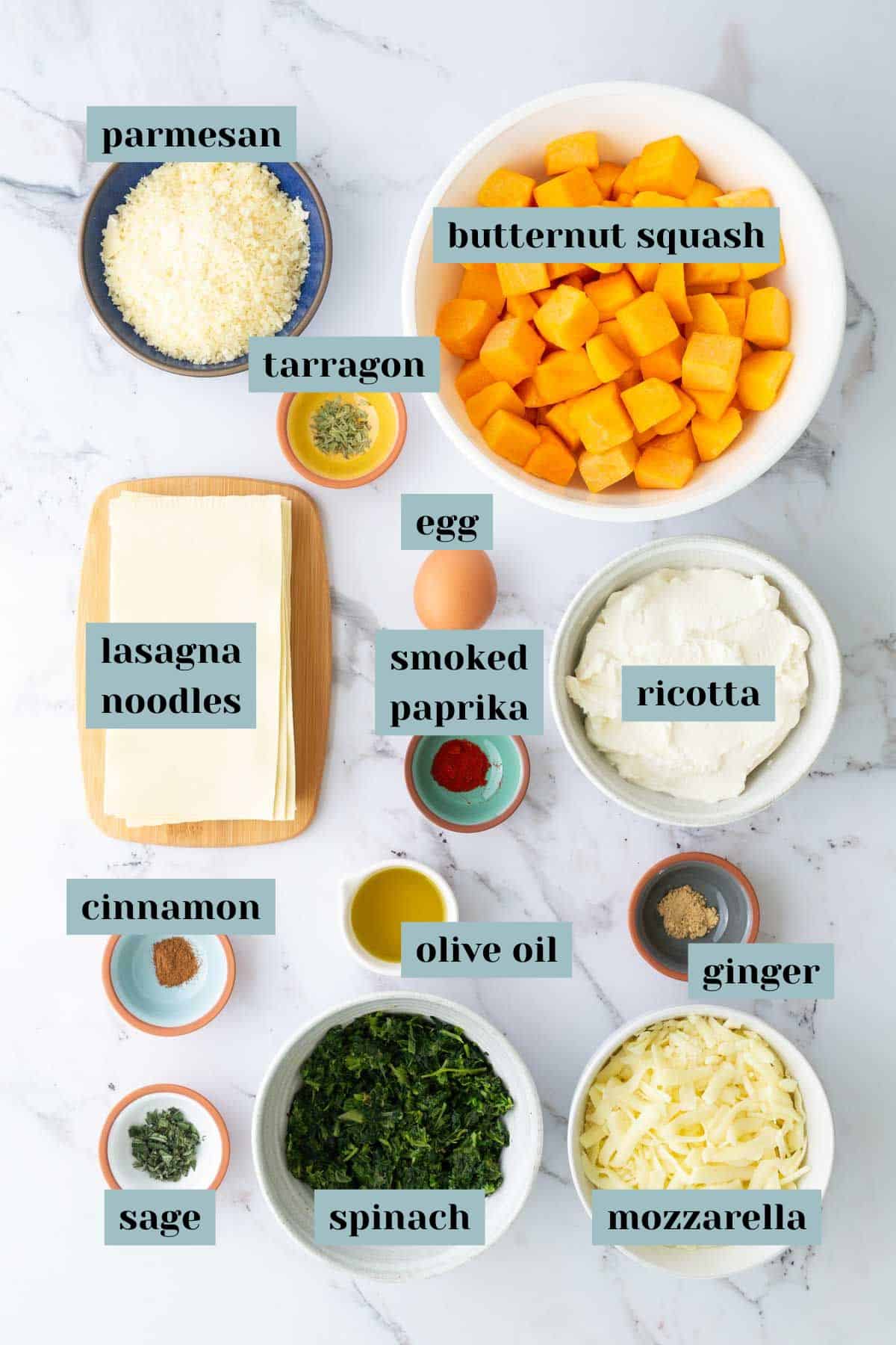 Various labeled ingredients for lasagna are arranged on a marble surface, including butternut squash, spinach, ricotta, mozzarella, parmesan, egg, spices, olive oil, and lasagna noodles.