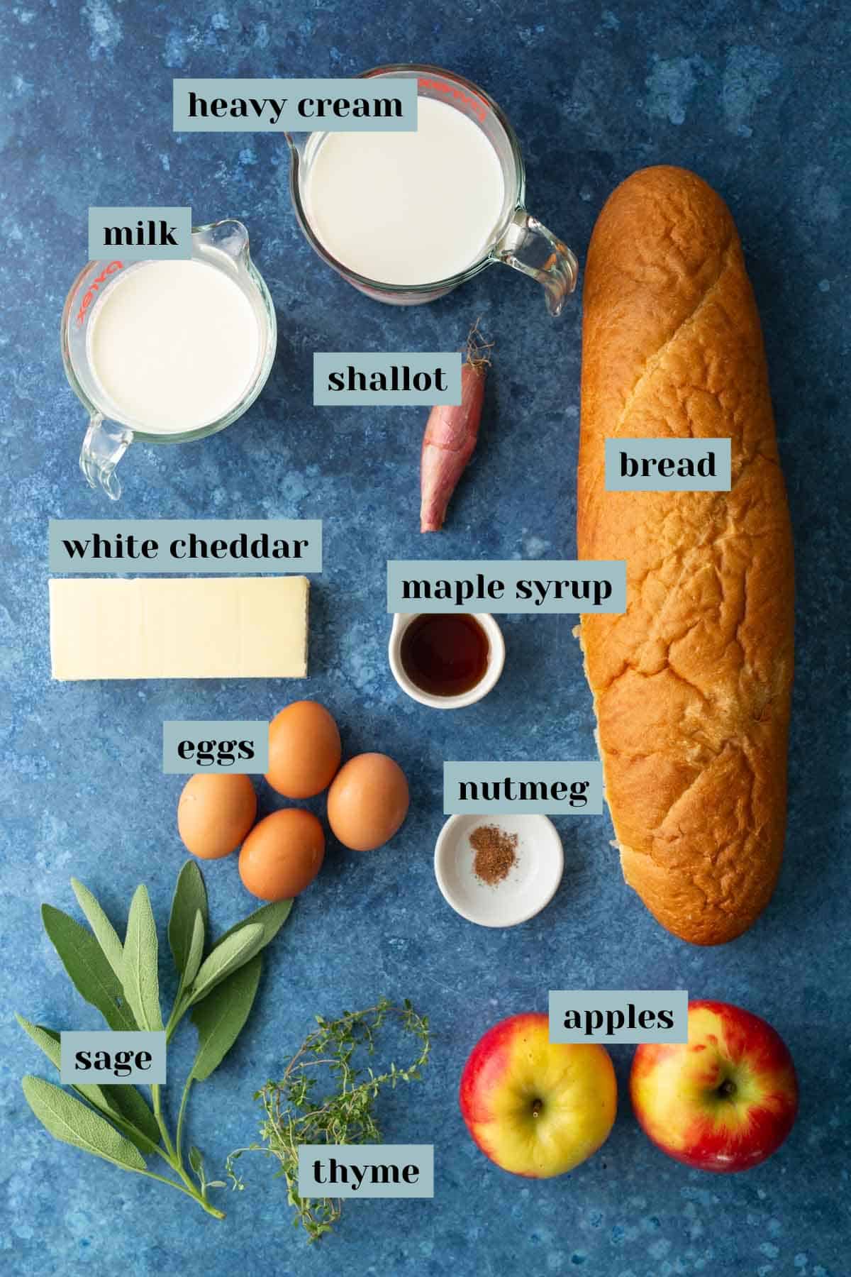 Ingredients on a blue surface: heavy cream, milk, shallot, bread, white cheddar, maple syrup, eggs, nutmeg, sage, thyme, and two apples, each labeled with text.