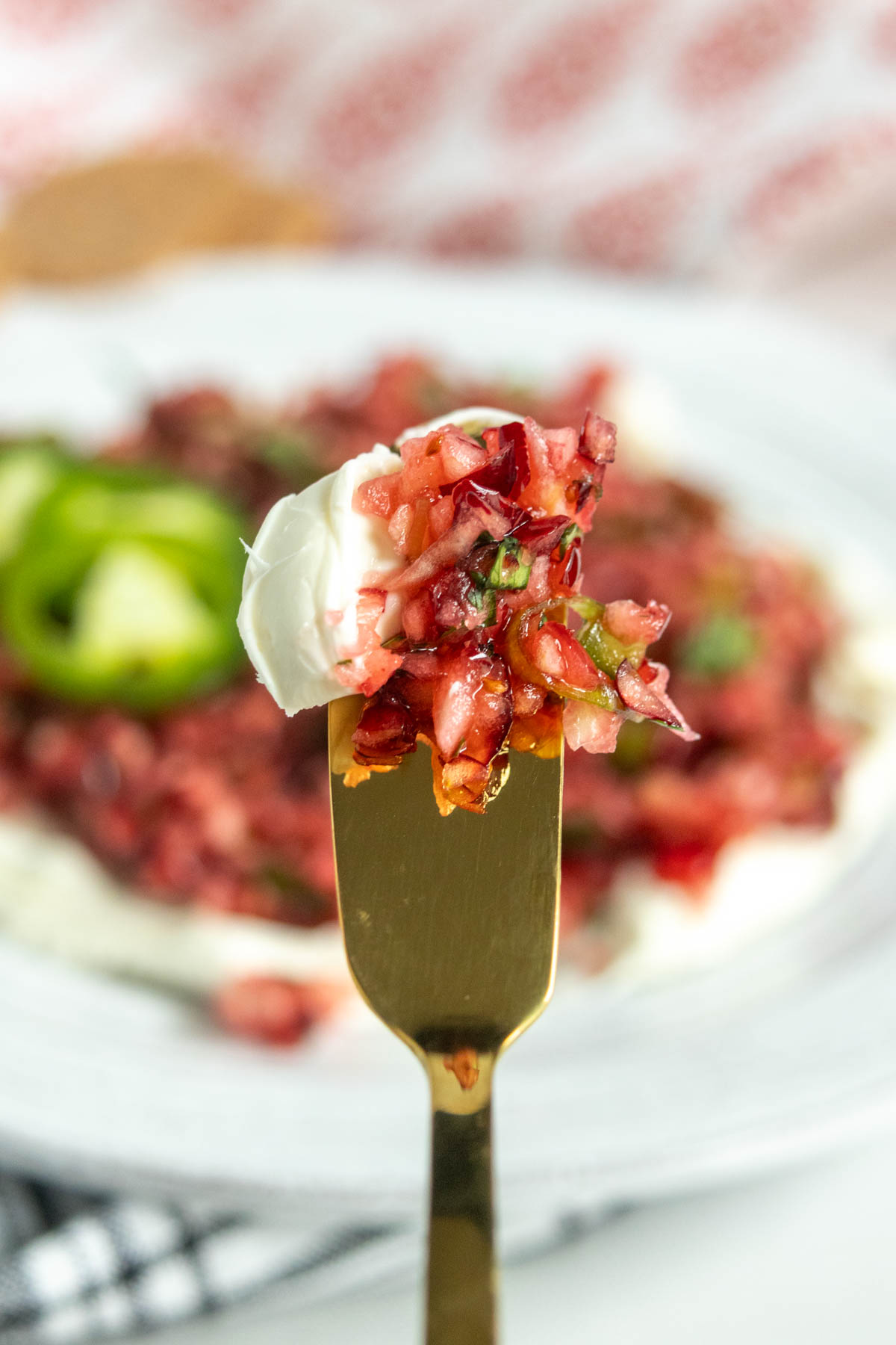 A gold fork holding a bite of cream cheese topped with a chopped cranberry salsa.
