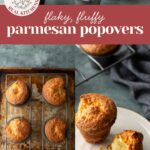 Text overlay reads “flaky, fluffy parmesan popovers.” Images show freshly baked parmesan popovers in a muffin tin and on a plate, one broken open to show the interior.