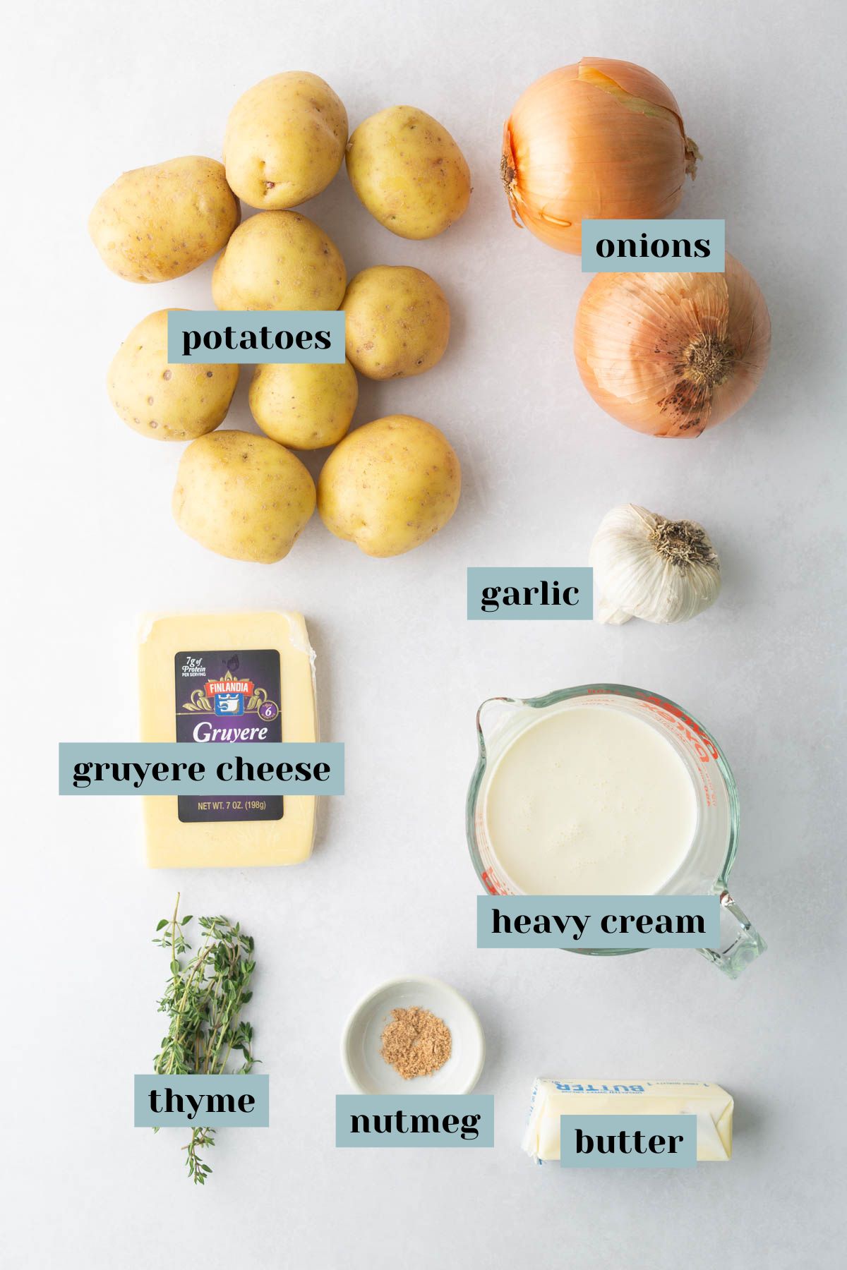 Ingredients for a recipe labeled: potatoes, onions, garlic, gruyere cheese, heavy cream, thyme, nutmeg, and butter.